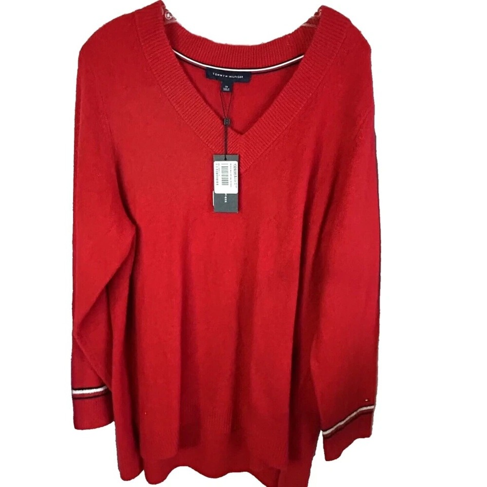Tommy Hilfiger Womens OX Red V-Neck Nylon Blend Sweater New (G7)